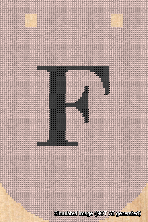 A simulated image of the stitched needlepoint design: Banner 18m Curved F Black on Pink. Not A.I. generated.