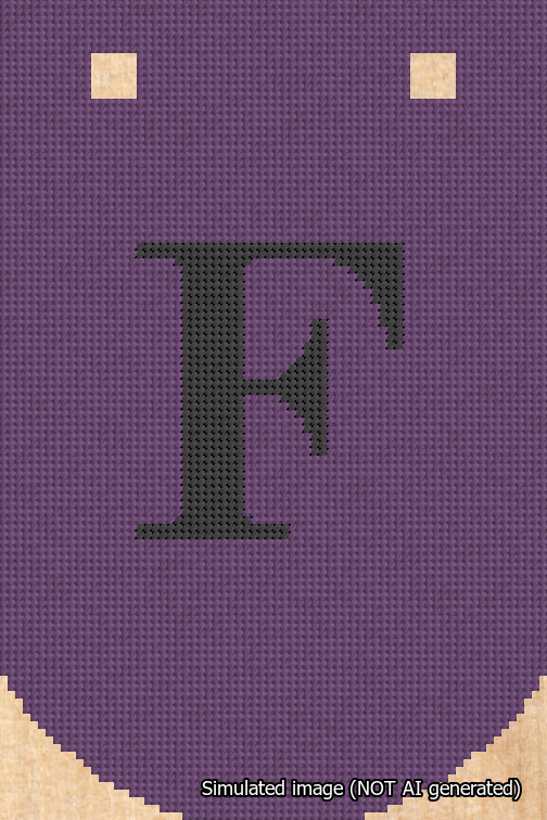 A simulated image of the stitched needlepoint design: Banner 18m Curved F Black on Purple. Not A.I. generated.