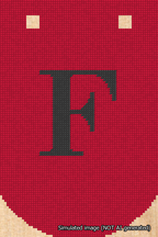 A simulated image of the stitched needlepoint design: Banner 18m Curved F Black on Red. Not A.I. generated.