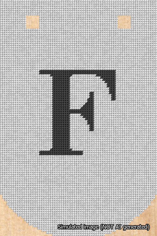 A simulated image of the stitched needlepoint design: Banner 18m Curved F Black on White. Not A.I. generated.