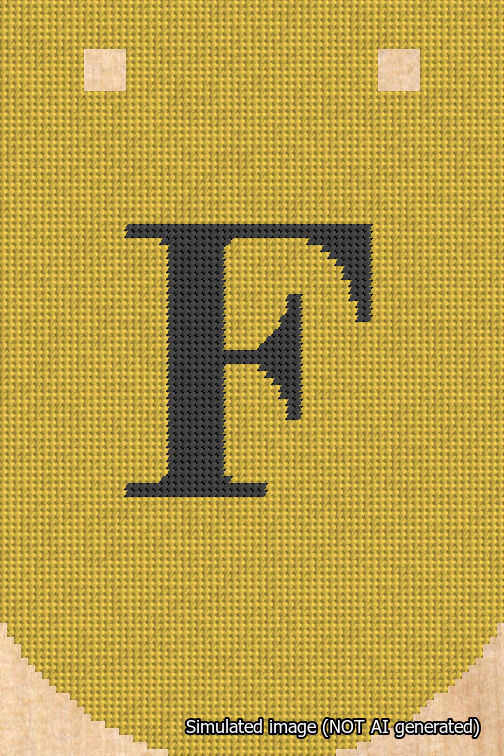 A simulated image of the stitched needlepoint design: Banner 18m Curved F Black on Yellow. Not A.I. generated.
