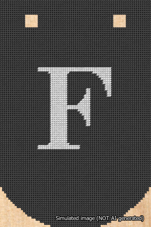 A simulated image of the stitched needlepoint design: Banner 18m Curved F White on Black. Not A.I. generated.