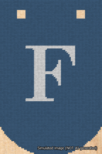 A simulated image of the stitched needlepoint design: Banner 18m Curved F White on Blue. Not A.I. generated.