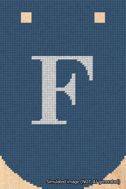A simulated image of the stitched needlepoint design: Banner 18m Curved F White on Blue. Not A.I. generated.