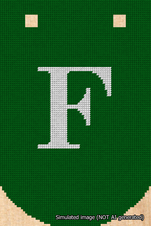 A simulated image of the stitched needlepoint design: Banner 18m Curved F White on Green. Not A.I. generated.