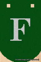 A simulated image of the stitched needlepoint design: Banner 18m Curved F White on Green. Not A.I. generated.