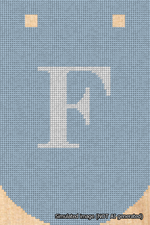 A simulated image of the stitched needlepoint design: Banner 18m Curved F White on Light Blue. Not A.I. generated.