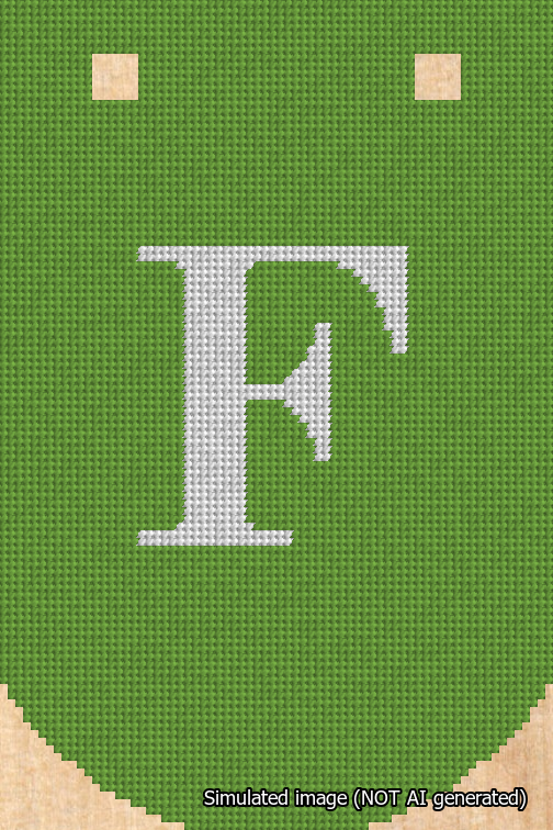 A simulated image of the stitched needlepoint design: Banner 18m Curved F White on Light Green. Not A.I. generated.