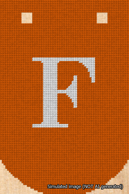 A simulated image of the stitched needlepoint design: Banner 18m Curved F White on Orange. Not A.I. generated.