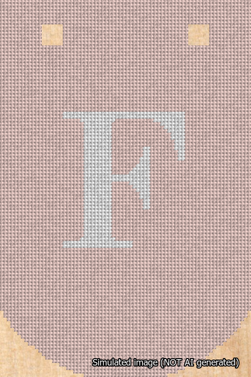 A simulated image of the stitched needlepoint design: Banner 18m Curved F White on Pink. Not A.I. generated.