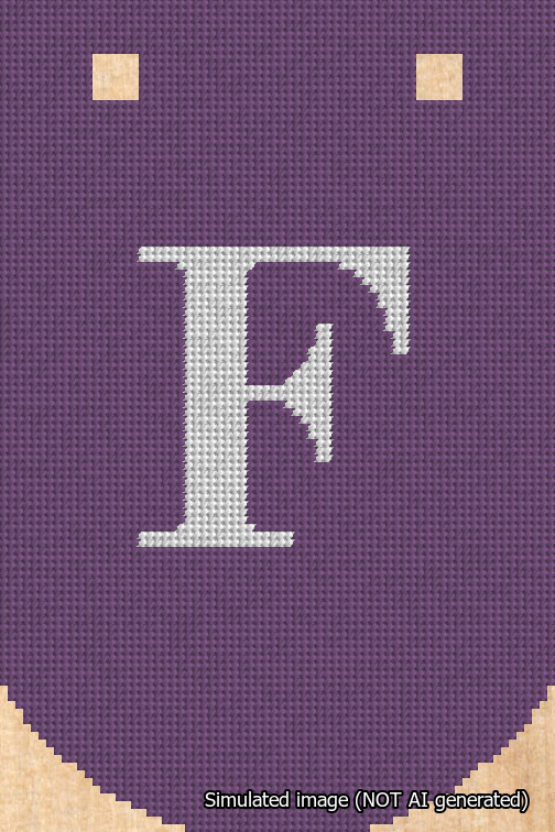A simulated image of the stitched needlepoint design: Banner 18m Curved F White on Purple. Not A.I. generated.