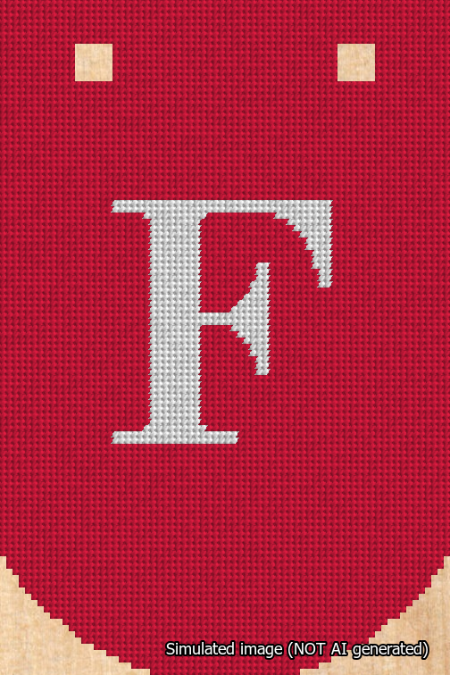 A simulated image of the stitched needlepoint design: Banner 18m Curved F White on Red. Not A.I. generated.