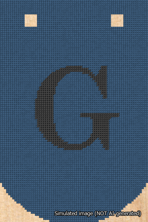 A simulated image of the stitched needlepoint design: Banner 18m Curved G Black on Blue. Not A.I. generated.