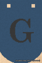 A simulated image of the stitched needlepoint design: Banner 18m Curved G Black on Blue. Not A.I. generated.