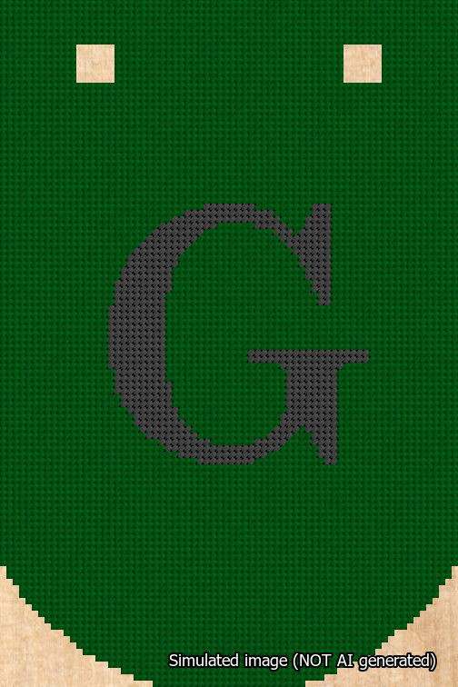 A simulated image of the stitched needlepoint design: Banner 18m Curved G Black on Green. Not A.I. generated.
