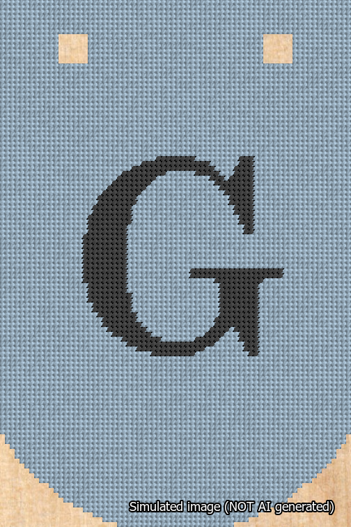 A simulated image of the stitched needlepoint design: Banner 18m Curved G Black on Light Blue. Not A.I. generated.