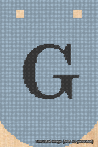 A simulated image of the stitched needlepoint design: Banner 18m Curved G Black on Light Blue. Not A.I. generated.