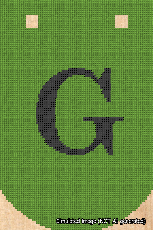 A simulated image of the stitched needlepoint design: Banner 18m Curved G Black on Light Green. Not A.I. generated.