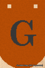 A simulated image of the stitched needlepoint design: Banner 18m Curved G Black on Orange. Not A.I. generated.