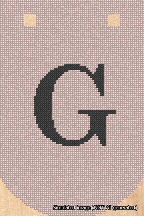 A simulated image of the stitched needlepoint design: Banner 18m Curved G Black on Pink. Not A.I. generated.