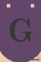 A simulated image of the stitched needlepoint design: Banner 18m Curved G Black on Purple. Not A.I. generated.