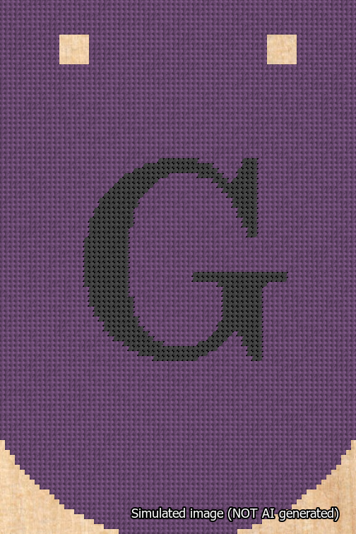 A simulated image of the stitched needlepoint design: Banner 18m Curved G Black on Purple. Not A.I. generated.