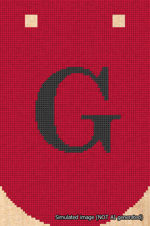 A simulated image of the stitched needlepoint design: Banner 18m Curved G Black on Red. Not A.I. generated.