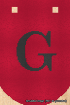 A simulated image of the stitched needlepoint design: Banner 18m Curved G Black on Red. Not A.I. generated.