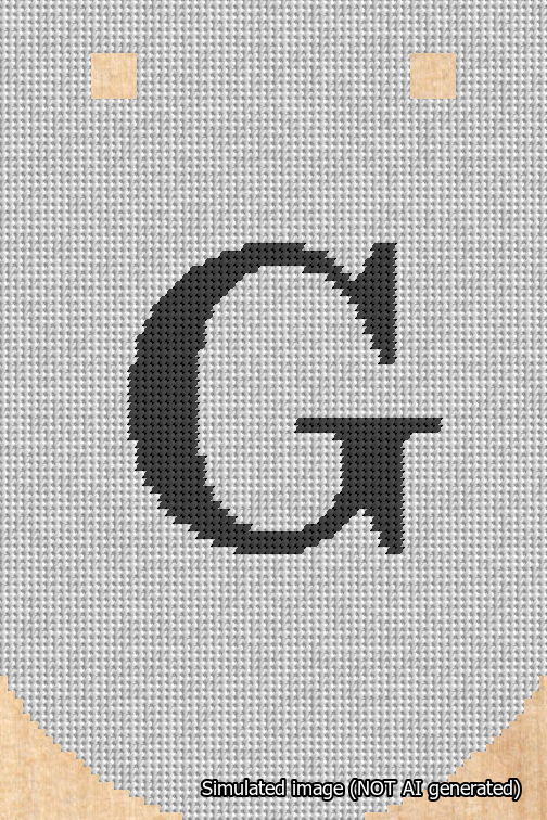 A simulated image of the stitched needlepoint design: Banner 18m Curved G Black on White. Not A.I. generated.