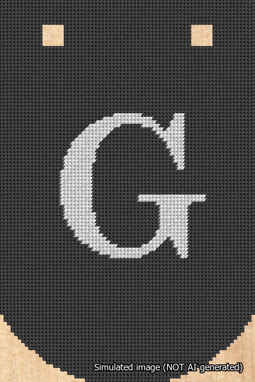 A simulated image of the stitched needlepoint design: Banner 18m Curved G White on Black. Not A.I. generated.