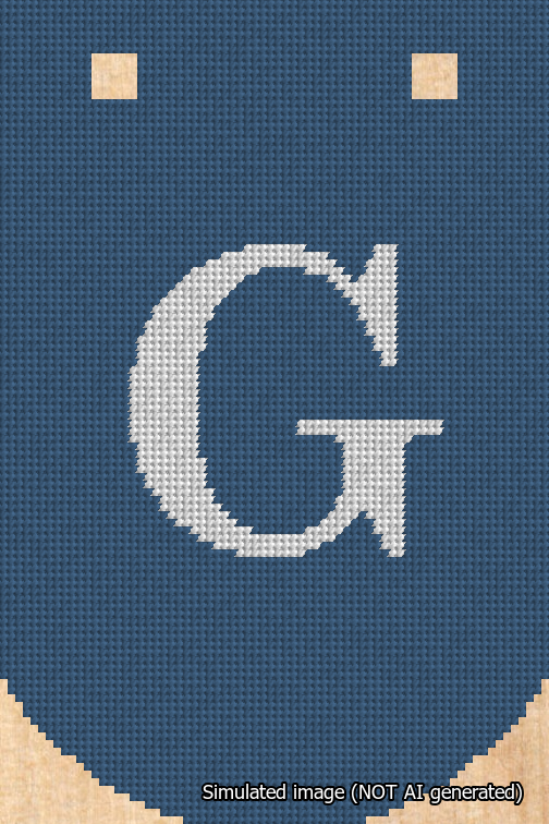 A simulated image of the stitched needlepoint design: Banner 18m Curved G White on Blue. Not A.I. generated.
