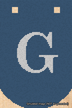 A simulated image of the stitched needlepoint design: Banner 18m Curved G White on Blue. Not A.I. generated.