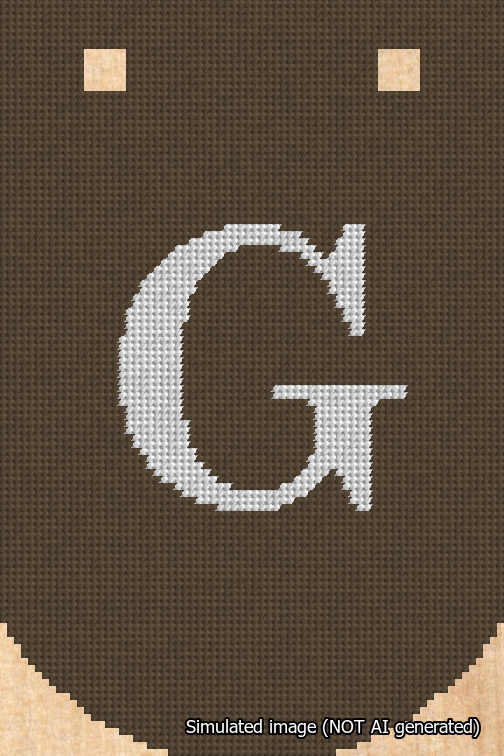 A simulated image of the stitched needlepoint design: Banner 18m Curved G White on Brown. Not A.I. generated.