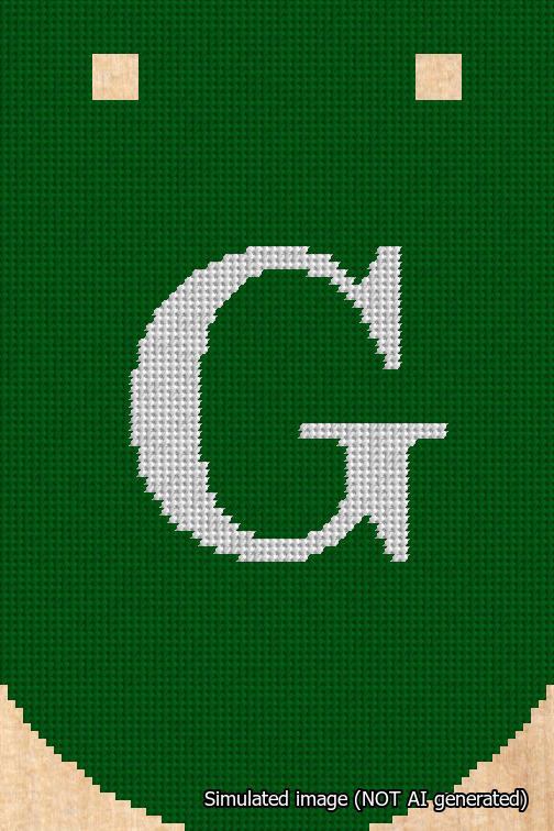 A simulated image of the stitched needlepoint design: Banner 18m Curved G White on Green. Not A.I. generated.