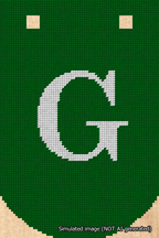 A simulated image of the stitched needlepoint design: Banner 18m Curved G White on Green. Not A.I. generated.