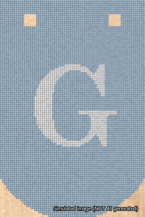 A simulated image of the stitched needlepoint design: Banner 18m Curved G White on Light Blue. Not A.I. generated.