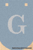 A simulated image of the stitched needlepoint design: Banner 18m Curved G White on Light Blue. Not A.I. generated.