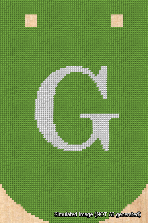 A simulated image of the stitched needlepoint design: Banner 18m Curved G White on Light Green. Not A.I. generated.