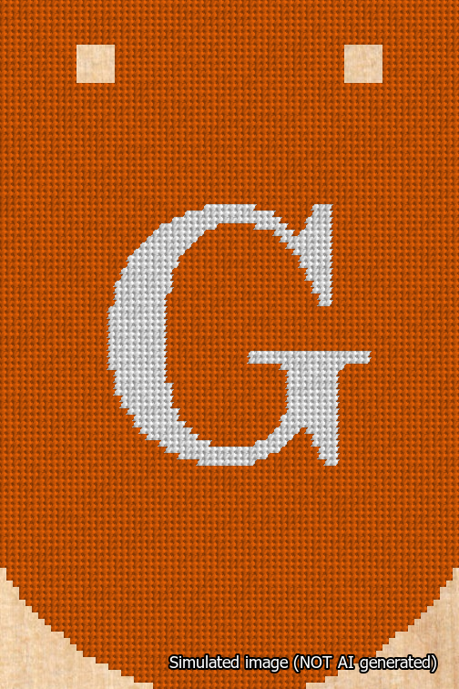 A simulated image of the stitched needlepoint design: Banner 18m Curved G White on Orange. Not A.I. generated.