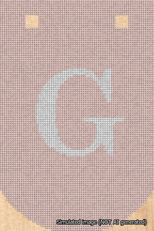 A simulated image of the stitched needlepoint design: Banner 18m Curved G White on Pink. Not A.I. generated.