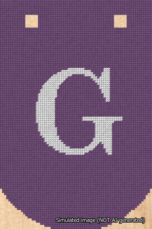 A simulated image of the stitched needlepoint design: Banner 18m Curved G White on Purple. Not A.I. generated.