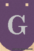 A simulated image of the stitched needlepoint design: Banner 18m Curved G White on Purple. Not A.I. generated.