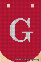 A simulated image of the stitched needlepoint design: Banner 18m Curved G White on Red. Not A.I. generated.