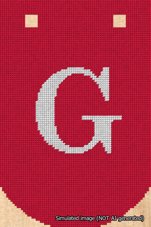 A simulated image of the stitched needlepoint design: Banner 18m Curved G White on Red. Not A.I. generated.