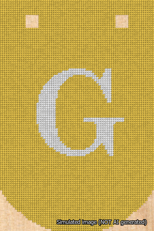 A simulated image of the stitched needlepoint design: Banner 18m Curved G White on Yellow. Not A.I. generated.