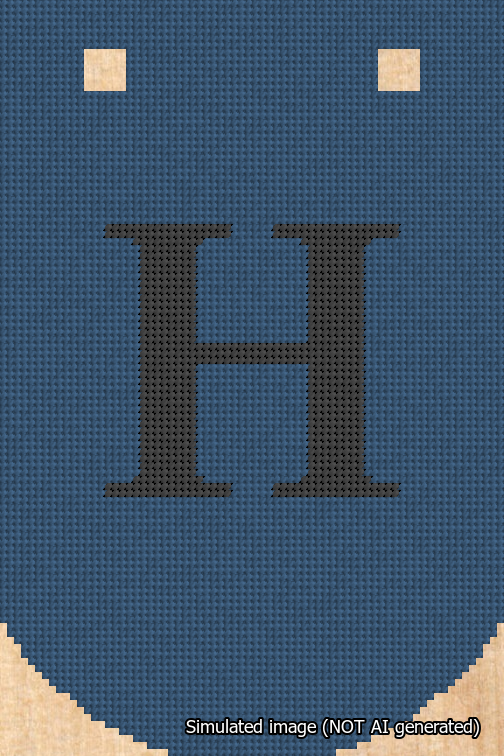A simulated image of the stitched needlepoint design: Banner 18m Curved H Black on Blue. Not A.I. generated.