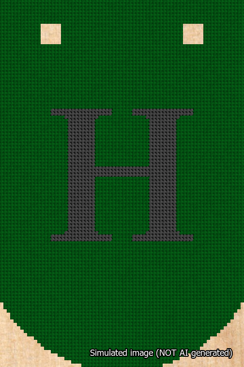 A simulated image of the stitched needlepoint design: Banner 18m Curved H Black on Green. Not A.I. generated.