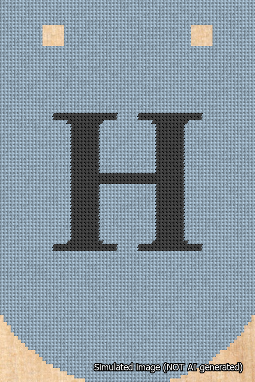A simulated image of the stitched needlepoint design: Banner 18m Curved H Black on Light Blue. Not A.I. generated.