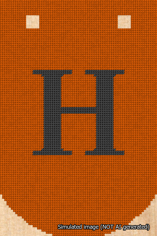 A simulated image of the stitched needlepoint design: Banner 18m Curved H Black on Orange. Not A.I. generated.