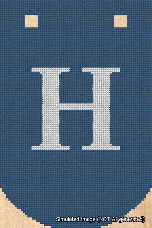 A simulated image of the stitched needlepoint design: Banner 18m Curved H White on Blue. Not A.I. generated.